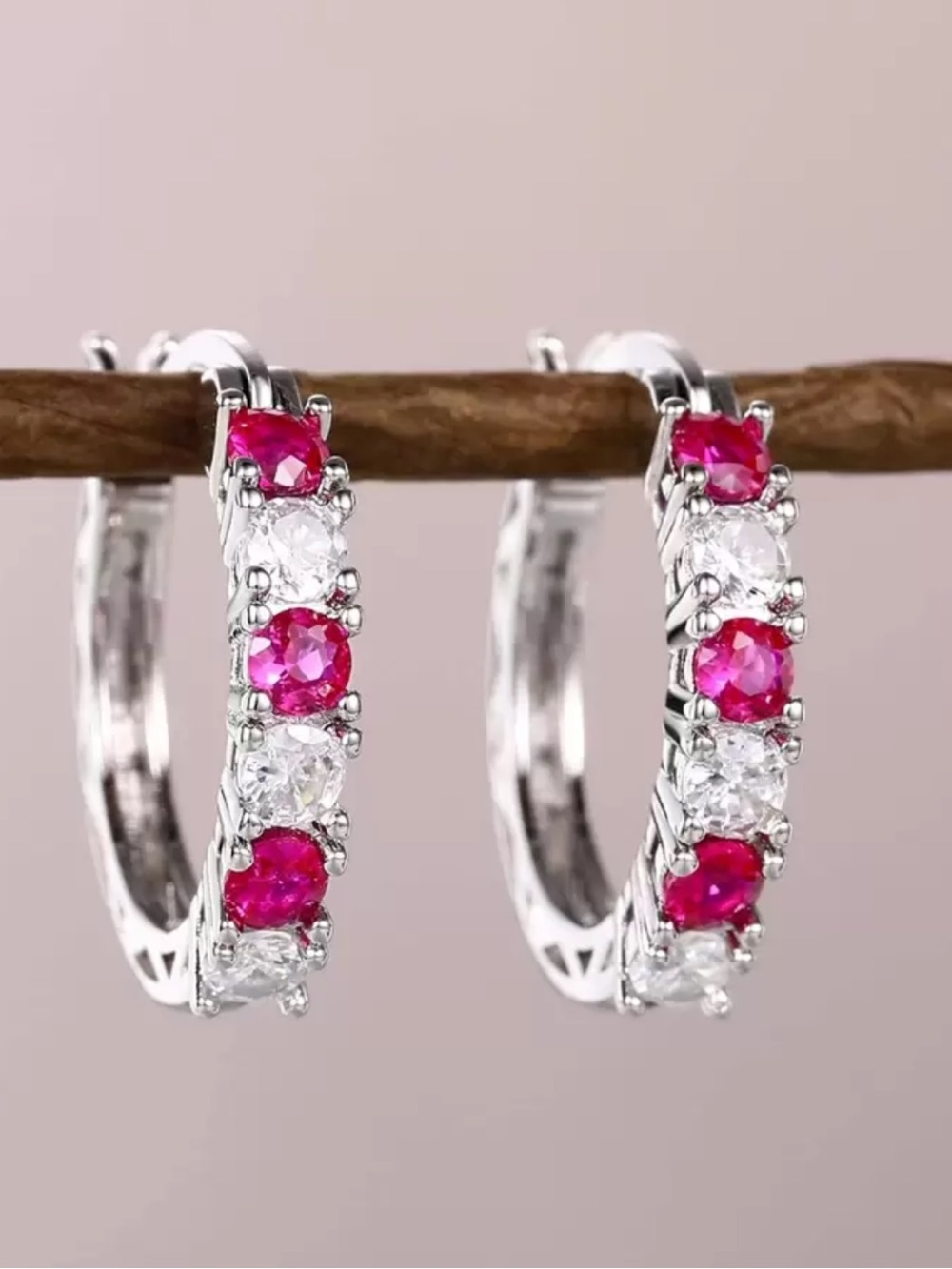 Hot Pink & Cz Diamond Hoop Earrings